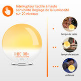 Eveil lumière led réveil simulateur d'aube crépuscule 2 réveils 9 sons naturels fonction snooze veilleuse réveil lumière bluetooth