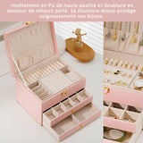 Boîte à bijoux multifonctionnelle boîte de rangement de cuir verrouillable àtrois niveaux boîtede rangement de boucles d'oreilles
