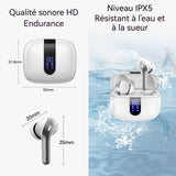 Écouteurs bluetooth 5.4 écran LED autonomie de 36 heures microphone antibruit étanchéité IPX5 fonctionnement tactile blanc écouteurs