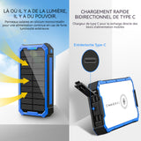 Batterie externe 20000mah 5w chargeur solaire portable chargement sans fil avec 4 usb sorties et 2 entrée avec lumière de camping