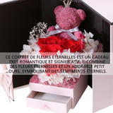 offret cadeau 13,5 x 13,5 x17 cm Coffret Rose Eternelle Boîte-cadeau de fleurs préservées d'ours, boîte à bijoux à collier et roses