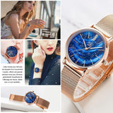 Montre analogique pour femme surface bleu avec bracelet en acier inoxydable montre à quartz élégante cadran ciel étoilé cadeaux