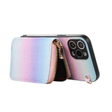 Étui en cuir à fermeture éclair pour téléphone  iPhone 14 promax Design inclinable Plusieurs fentes pour cartes Porte-cartes dégradé
