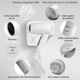 Sèche-cheveux mural 18 x 17 cm 1300 W Indice d'étanchéité IPX1 Plusieurs options d'alimentation Haute qualité pour les hôtels
