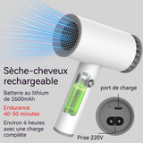 Sèche cheveux 500w 2600mAh 2 vitesses réglables Chaud froid disponibles Moteur haute vitesse Sèche-cheveux professionnel Blanc