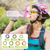 Gourde sport 650ml bouteille d'eau amusante et fruitée goulot courbé avec paille 7anneaux fruités différents rose transparent