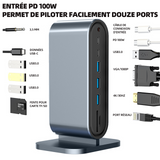 Station d'accueil 12 en 1 carte réseau haut débit charge rapide PD ports USB-C VGA et HD 4K/30hz gigabit ethernet et 4 ports USB 3.0