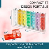 Pilulier 22 cm 7 jours 28 compartiments Matériau sans BPA Quatre fois par jour Facile à identifier et à ranger Boîte à pilules