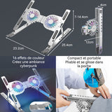 Support ordinateur en alliage d'aluminium avec 2 ventilateurs et lumière rvb réglable pour moins 17 pouces support d'ordinateur