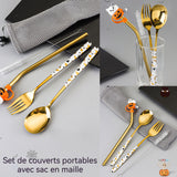 ouverts de table 4 pcs Acier inoxydable pour Ensemble Ménagère Acier Inoxydable Comprend Fourchette Cuillère brosse Paille bouchon