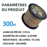 Fil de peche 9 brins 300 m ligne de pêche multifilament résistante à l'usure super forte 38 lb ligne de pêche à la carpe coloré