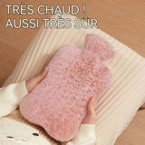 Bouillotte eau chaude 2 L 31 x 19 cm Fourrure de lapin Retient la chaleur pendant 3 à 5 heures Imperméable Bouillotte avec housse