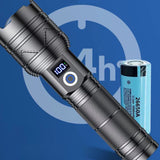 Lampe de poche puissante 5000mAh 26650 20W interface de type-C 5 niveaux d'éclairage zoom télescopique affichage puissance LED