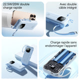 Batterie externe 10000mAh double câble rétractable intégré 22,5W charge rapide et affichage numérique mobile grande capacité bleu