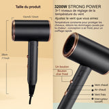 Sèche-cheveux 28cm 3200 W Contrôle de température 3+1 Soin capillaire à ions lumière bleue Séchage rapide et réduction du bruit