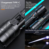 Lampe de poche puissante 5000mAh 26650 20W interface de type-C 5 niveaux d'éclairage zoom télescopique affichage puissance LED