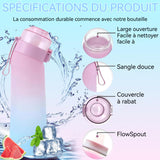 Gourde sport 650ml bouteille d'eau amusante et fruitée goulot courbé avec paille étanche 10anneaux fruités différents bleu poudre
