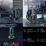 Support casque avec lumière rvb multifonctionnel 3 en 1 avec 3 stations d'accueil USB et 1 port chargement typec et prise casque