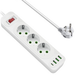 Multiprise electrique Bloc 3 prises 2 USB 1 Type-C avec Interrupteur Longueur câble 2M Protection surtension Multiprise Blanc