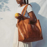 Grand sac pour femme avec poche en cuir souple à bandoulière rétro en cuir ciré grande capacité sac fourre-tout tendance