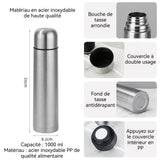 Bouteille d'eau thermos 1000 ml grande capacité avec couvercle et verrou tournant Matériau sûr Bouteille thermos isolée sous vide