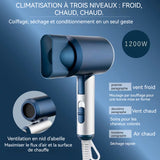 Seche cheveux professionnel ionique 1200W-1499W 220V pliable support a seche-cheveux 3 modes de température seche cheveux bleu