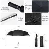 Parapluie automatique 74x120cm 10 baleines facile à transporter parapluie pliant en vinyle noir protection pluie et soleil