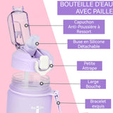Gourde sport 800ml violet grande capacité étanche couvercle amovible avec paille graduation pour les sports d'été plein air boire