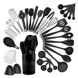 Ustensiles de cuisine 43 pcs ensemble de cuisine en silicone Batterie de cuisine résistante à la chaleur avec porte-couverts noir