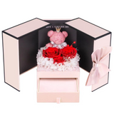 offret cadeau 13,5 x 13,5 x17 cm Coffret Rose Eternelle Boîte-cadeau de fleurs préservées d'ours, boîte à bijoux à collier et roses