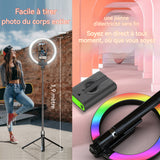 Perche à selfie 190cm perche à selfie trépied lumière d'appoint RGB à anneau de couleur avec 2 télécommandes rétractable et pliable