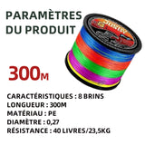 Fil de peche 8 brins tressé PE résistant à l'abrasion 0,27 mm pour la pêche en mer et en eau douce plus résistante et très souple