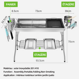 Barbecue 93.5x33.5x70cm acier inoxydable livré avec panier de rangement planche à épices filet de barbecue poêle antiadhésive argent