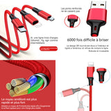 Câble USB 3 en 1 1.2m Multifonctionnel rouge avce lightning type c et Micro interface Câble Link Charge Rapide Nylon Tressé Cable