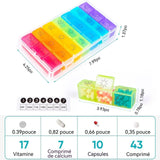 Pilulier 17cm 21 compartiments cycle de 7 jours Matériau PP coloré et écologique Conception de rangement indépendante et sûre