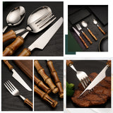 ouverts de table 4 pcs ménagère en acier inoxydable avec manche en bambou Comprend Couteau Fourchette Cuillère cuillère à café