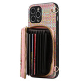 Étui en cuir pour téléphone portable avec fermeture éclair   iPhone 12Pro  Motif tissé  Inclinable  Plusieurs fentes pour cartes