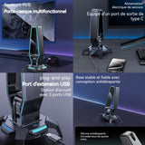 Support casque avec lumière rvb multifonctionnel 3 en 1 avec 3 stations d'accueil USB et 1 port chargement typec et prise casque