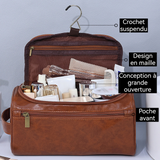 Trousse de toilette 25x14x13cm marron cuir synthétique crochet de suspension facile à transporter grande ouverture poche avant