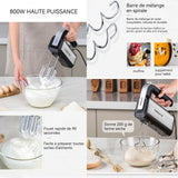 Batteur 800W avec 5 modes de travail avec 2 crochets pétrisseurs et 2 fouets pour la cuisson et les gâteaux batteur electrique