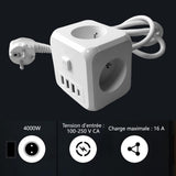 Multiprise electrique Bloc 3 prises 3 USB 1 Type-C avec Interrupteur Longueur câble 1,5M Prises multidirectionnelles Prise cube