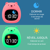 Réveil pour enfants 1800mAh 10,5x9,8x9,45cm fonctionnement facile par boutons design mignon éclairage 8 couleurs design ours