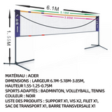 Filet de badminton 6.1x1.55m filet de tennis portable trois niveaux réglables filet de volley exterieur filet de volleyball portable
