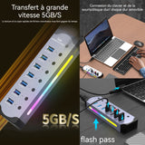 Station d'accueil 7 en 1 hub multi-interfaces multi-appareils avec interrupteur indépendant effets d'éclairage colorés RGB USB 3.0