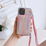 Étui en cuir pour téléphone portable avec fermeture éclair   iPhone 12Pro  Motif tissé  Inclinable  Plusieurs fentes pour cartes