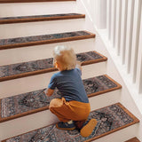 Tapis d'escalier 5pcs Classical Floral Print with Adhesive 20*75cm Anti-slip Stair Mats Elderly Pets Brown
