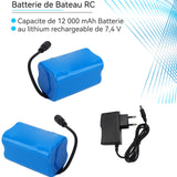 Batterie de bateau de nidification rc batterie 18650 7.4v 12800mah batterie au lithium rechargeable avec 2 batteries et 1 chargeur