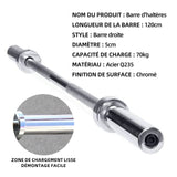 Barre d'haltères 120 cm diamètre 5 cm barre Zhiao fitness à domicile haltérophilie longue surface d'haltères chromée portant 70 kg