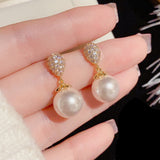 Boucles d'oreilles perle en argent 925 aiguille micropavée en zircon forme de goutte d'eau, boucles d'oreilles à la mode pour femmes