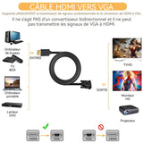 Adaptateur HDMI vers VGA 1,8m adaptateur HDMI vers VGA 1080P avec puce convient aux ordinateurs aux DVD aux téléviseurs HD TV BOX